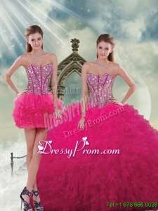 Detachable and Unique Beading and Ruffles Dresses For Quince in Hot Pink for 2015