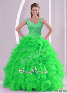 Elegant Beading and Ruffles Spring Green Quinceanera Dresses