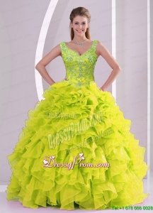 Modern Beading and Ruffles Yellow Green Quince Dresses for 2015