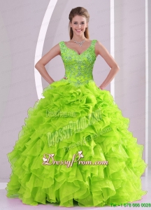 Modern Beading and Ruffles Quince Dresses in Green