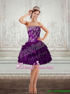 2015 Beautiful Cheap Purple Strapless Prom Dresses with Embroidery and Ruffles