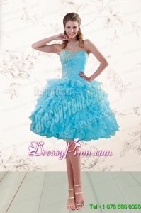 2015 Fashionable Baby Blue Short Prom Dresses with Ruffles and Beading