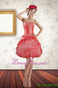 2015 Strapless Coral Red Short Prom Dresses with Ruffled Layers