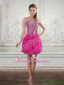 2015 Sweetheart Hot Pink Short Prom Dresses with Beading and Ruffled Layers