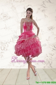 Coral Red Strapless Christmas Party Dress with Beading and Ruffles