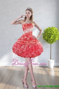 2015 High End Strapless Watermelon Red Prom Dresses With Appliques and Ruffles