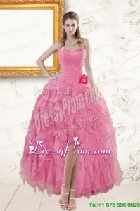 2015 Rose Pink Sweetheart Maxi Prom Dresses with Beading and Ruffles
