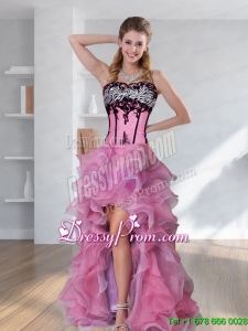 2015 Zebra Printed Strapless High low Rose Pink Maxi Prom Dresses with Embroidery