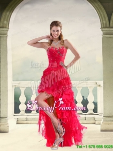 Coral Red Ball Gown Strapless Maxi Prom Dresses with Ruffles and Beading