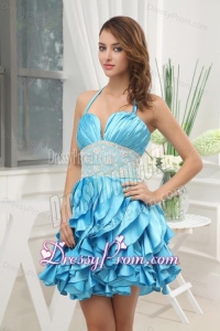 A-line Aqua Blue Halter Top Ruching Ruffles Lace Prom Dress
