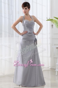 A-line Halter Top Silver Prom Dress with Beading and Ruching