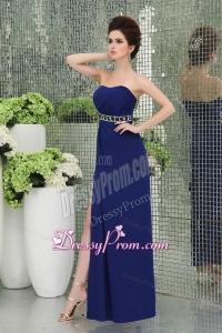 Spaghetti Straps Prom Dress with High Slit Ruchings Empire Blue Chiffon Belt