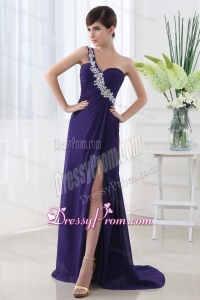 Empire Prom Dress with Ruchings and Beading One Shoulder High Slit Purple
