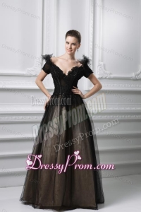2014 New A-line Appliques V-neck Tulle Black Prom Dress