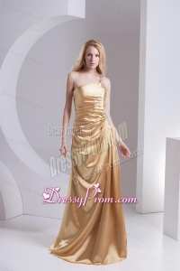Column One Shoulder Taffeta Beading Ruching Gold Prom Dress