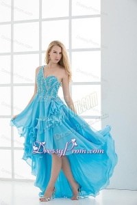 Empire One shoulder High-low Beading Baby Blue Prom Dress