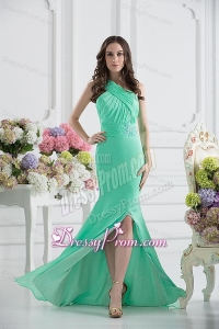 Apple Green Column One Shoulder Prom Dress with Ruching and Beading