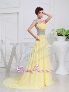 Empire Court Train Yellow Beading One Shoulder Prom Dress