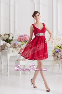 Red Empire Straps Prom Dress with Ribbons and Beading