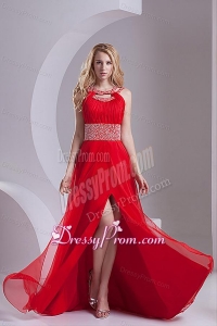 A-line Scoop Chiffon Beading and Ruching Sweep Train Prom Dress