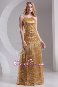Column Straps Sequins Beading and Sequins Prom Dress in Gold