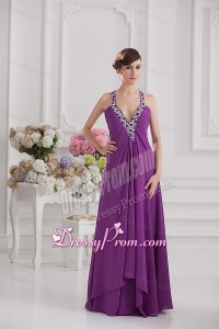 Eggplant Purple Empire V-neck Criss-cross Prom Dress with Beading