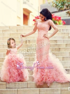 2016 Exclusive Column Long Sleeves Latest Prom Dress with Brush Train and Affordable Ruffled and Laced Little Girl Dress in Watermelon Red