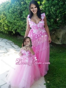 Beautiful 2016 Deep V Neckline Prom Dress with Appliques and Hot Sale Rose Pink Little Girl Dress with See Through Scoop