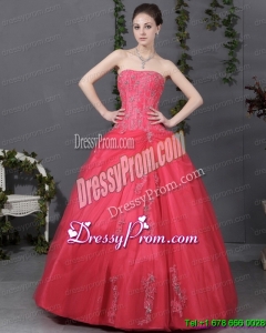 Cheap Coral Red Strapless Sweet 16 Dress with Ruching and Appliques