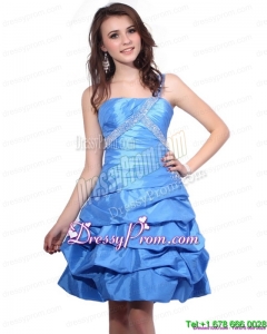 Designer One Shoulder Baby Blue Prom Dresses with Pick Ups and Beading