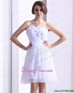 Designer White Strapless Prom Dresses with Ruching and Hand Made Flower