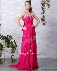 Cheap Hot Pink Halter Top Prom Dress with Brush Train