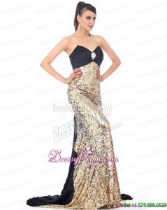 Clearance Brush Train 2015 Prom Dress with Ruching and Sequins