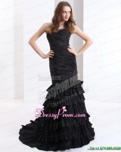 Clearance Brush Train Pleated Black Prom Dresses with One Shoulder and Ruffled Layers