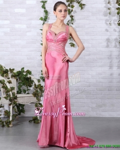 Fashionable Rose Pink Beading Long Prom Dresses with Brush Train