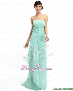 Fashionable Sweep Train Apple Green Prom Dresses with Ruching and Hand Made Flower