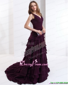 Plus Size V Neck Prom Dress in Dark Purple for 2015