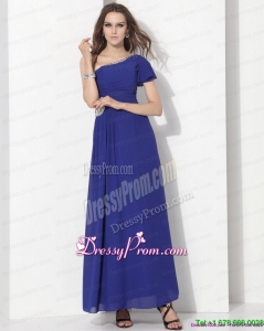Simple Modest One Shoulder Blue Prom Dress with Ruching and Beading