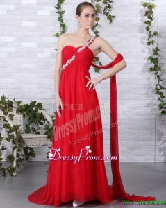 Fashionable 2015 One Shoulder Red Prom Dress with Beadings and Brush Train