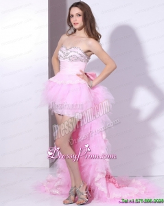 Fashionable Baby Pink Ruffled One Shoulder Prom Dresses with Hand Made Flower and Beading