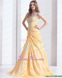 Fashionable Brush Train Gold Prom Dresses with Ruching and Beading