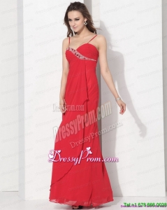 On Sale Red Spaghetti Straps Prom Dresses with Ruching and Beading