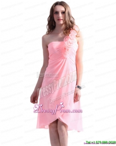 Unique Baby Pink One Shoulder Prom Dresses with Ruching and Hand Made Flowers