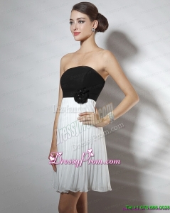 Unique Strapless Ruching and Hand Made Flower Prom Dresses in White and Black