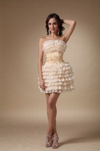 Fitted Ruffled Beaded Champagne Mini Prom Cocktail Dresses