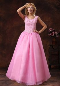 Princess Scoop Neck Appliqued Prom Gown Dress in Rose Pink