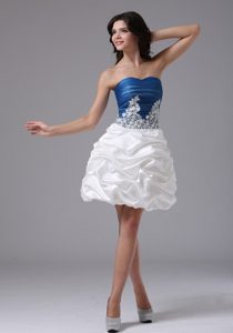Pretty Blue and White Pick Ups Appliqued Prom Cocktail Dress