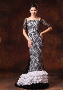 Square Neck Half Sleeves Ruffled Black and White Prom Dress