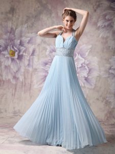 Halter Top Pleated Baby Blue Prom Dresses with Rhinestones