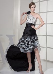 Asymmetrical White and Black Prom Maxi Dress with Beading and Ruffles